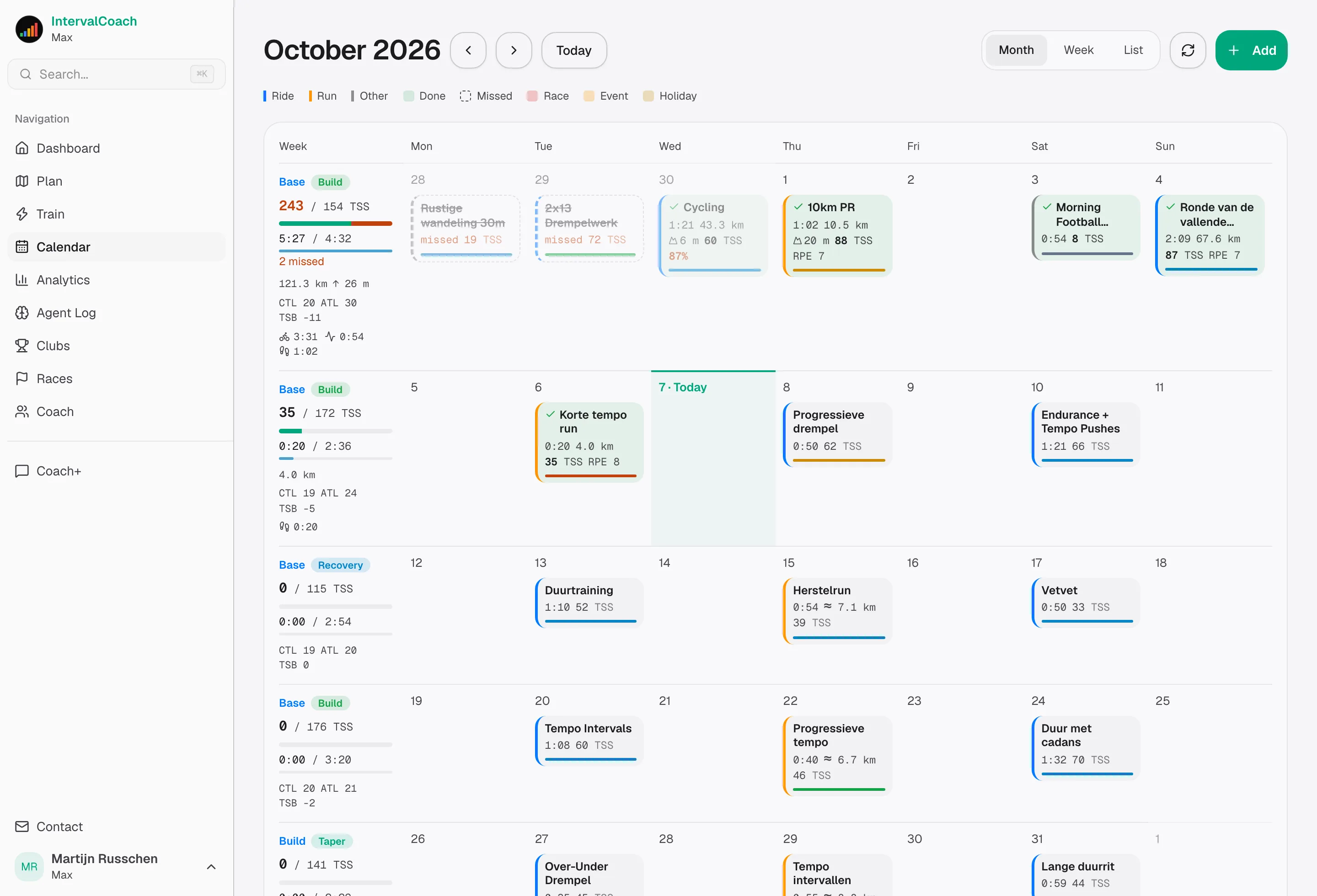 The calendar with structured workouts planned weeks ahead