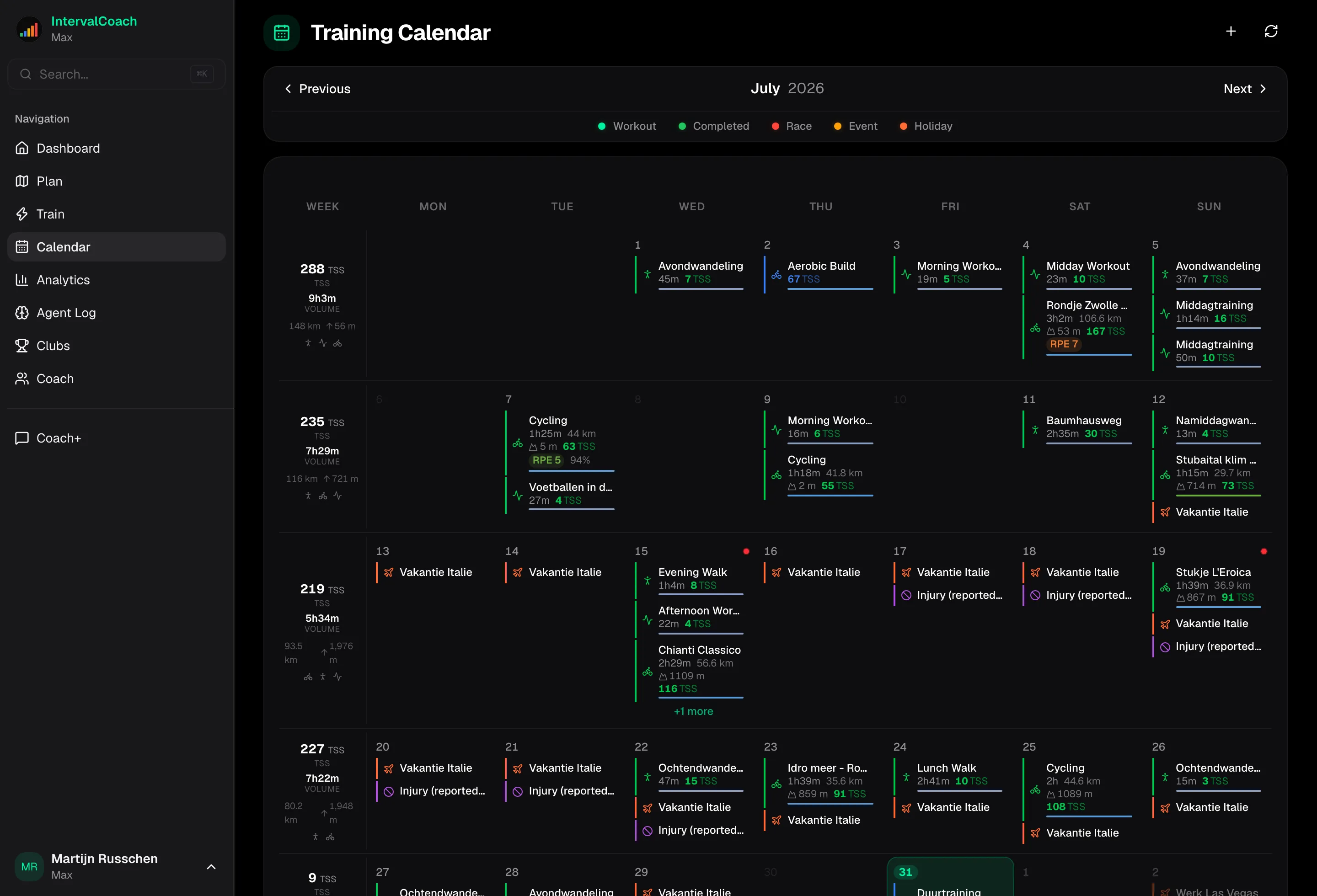 Calendar view showing weekly training plan