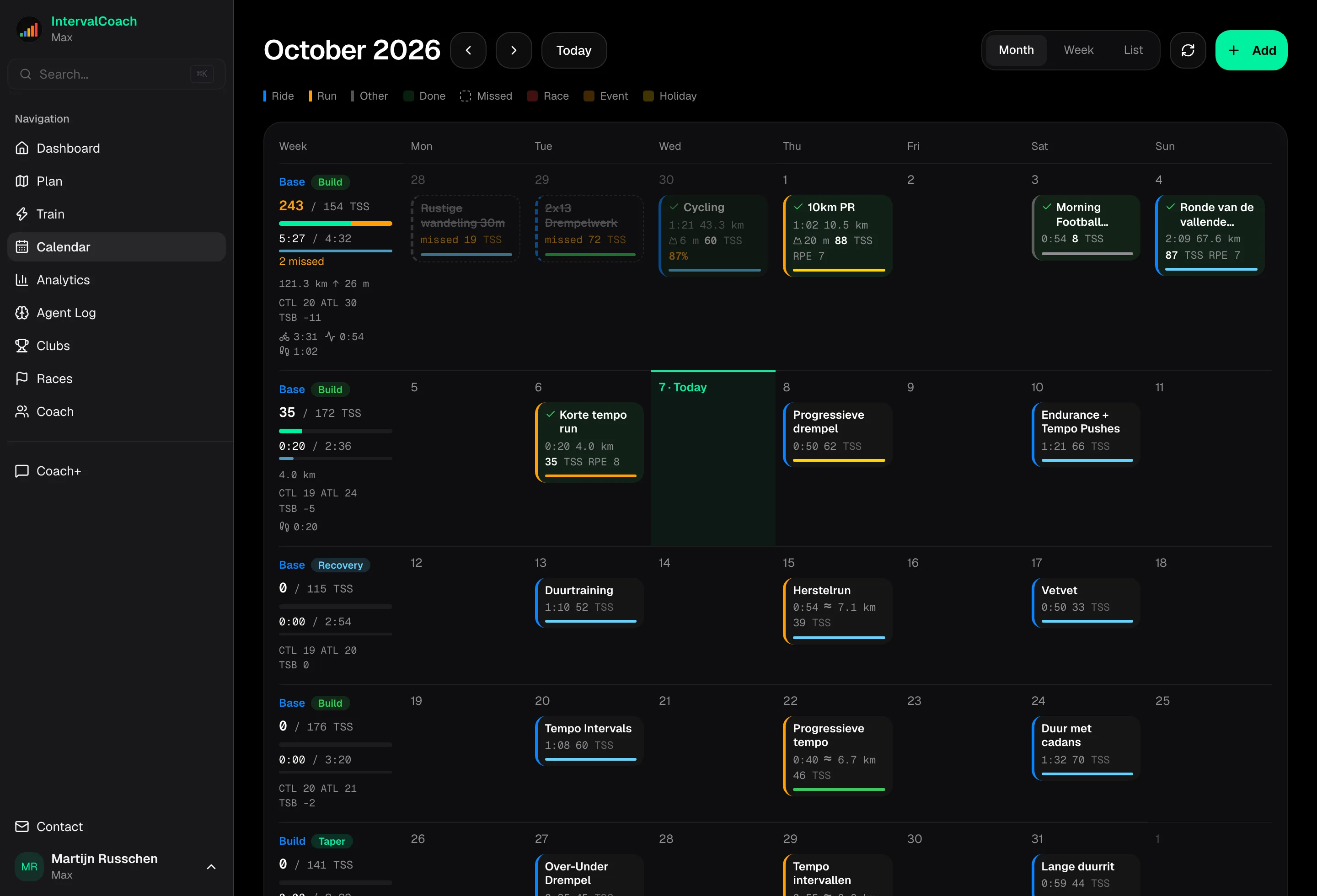 The calendar with structured workouts planned weeks ahead