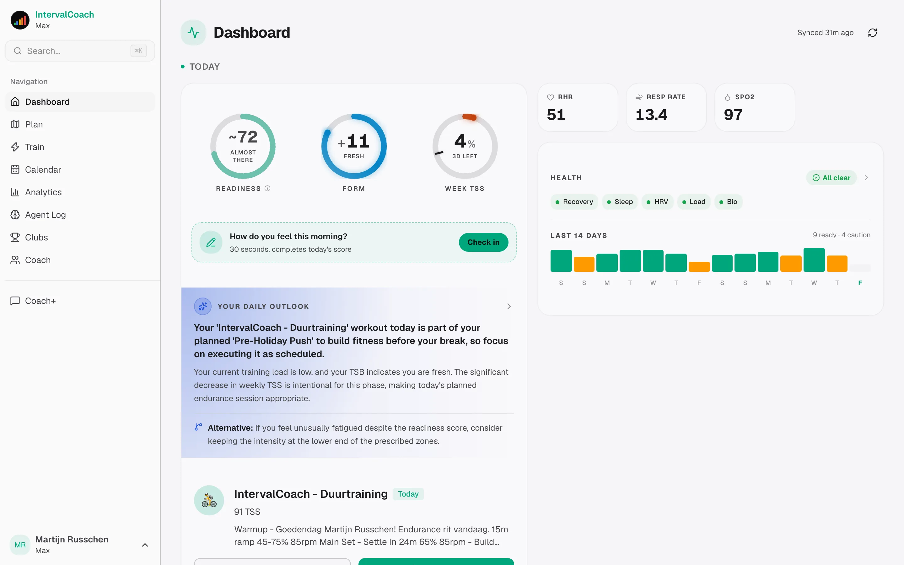 IntervalCoach Dashboard showing AI coaching insights, readiness metrics, and today's training plan