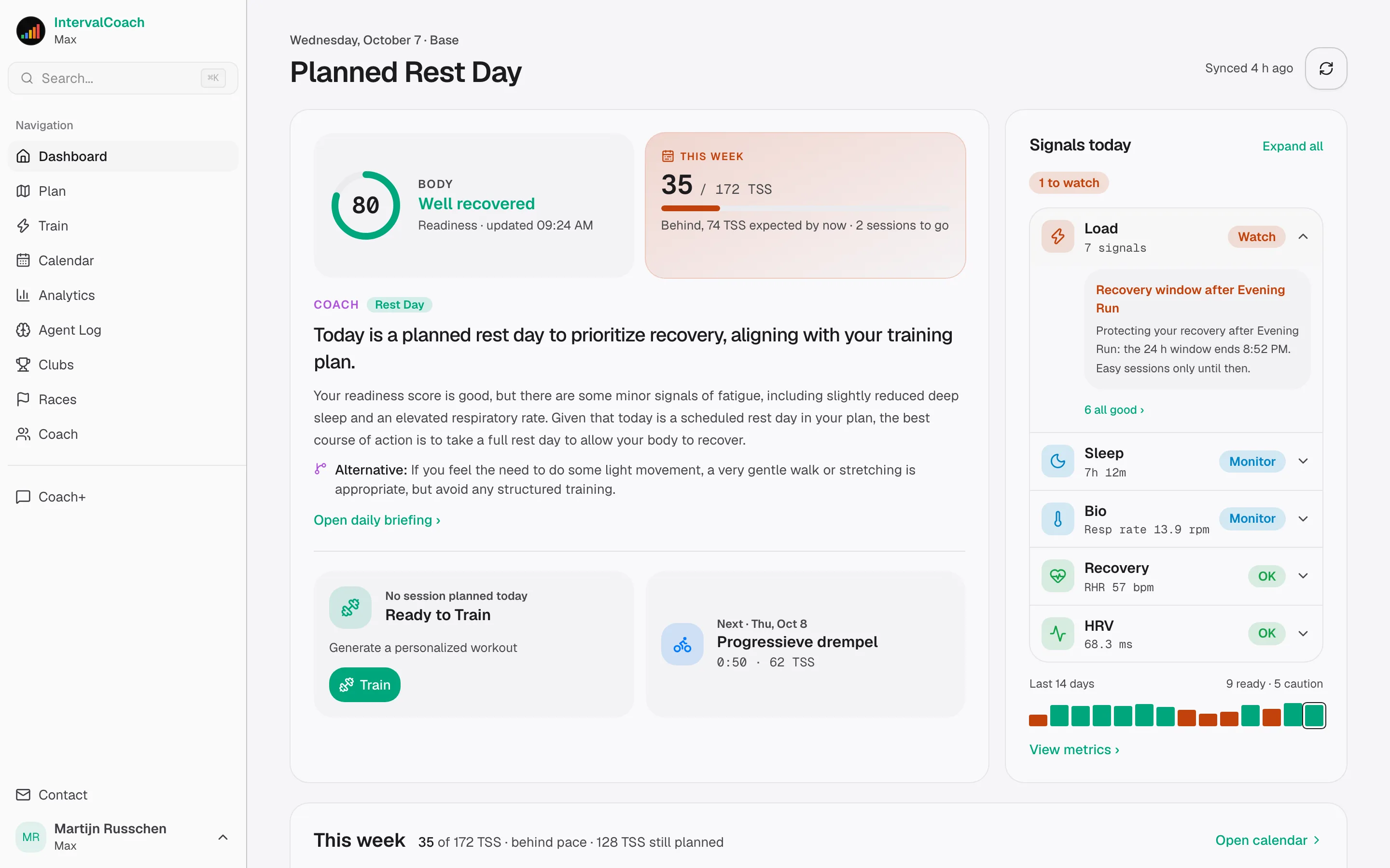 The dashboard: readiness, form, weekly load and today's session placed in the plan
