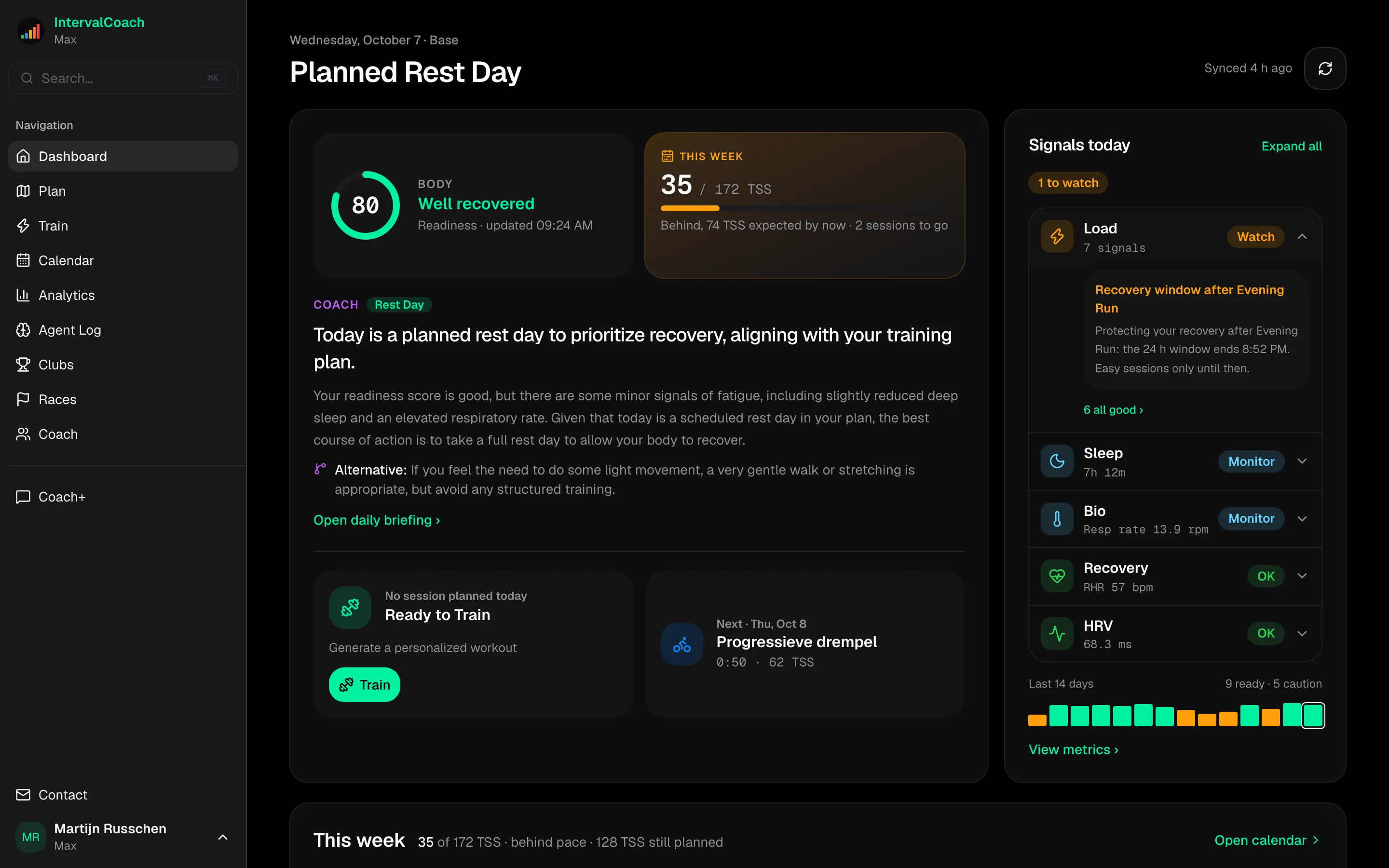 The dashboard: readiness, form, weekly load and today's session placed in the plan